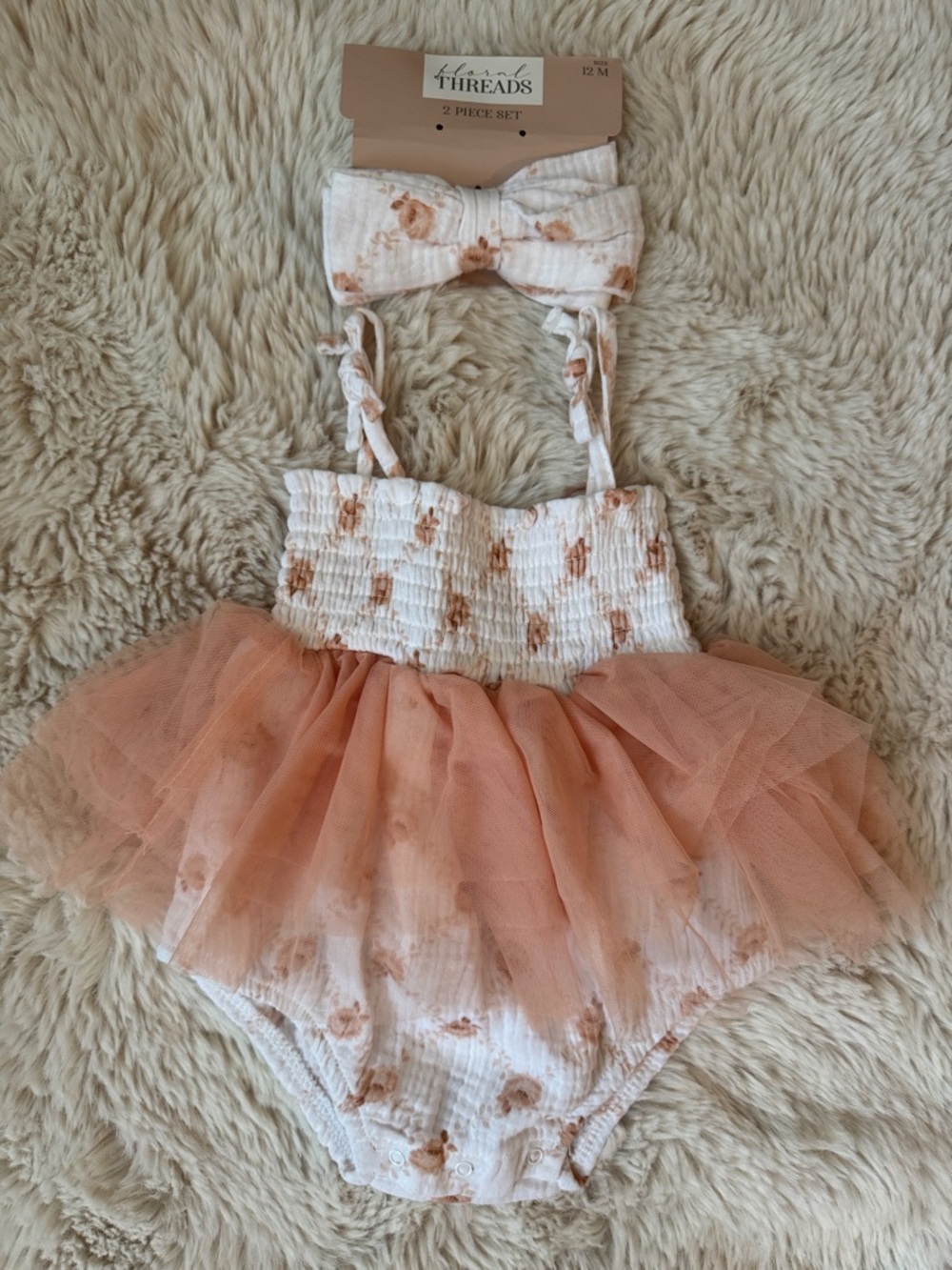 Carter's Peach Floral Tulle Romper & Bow Headband Set